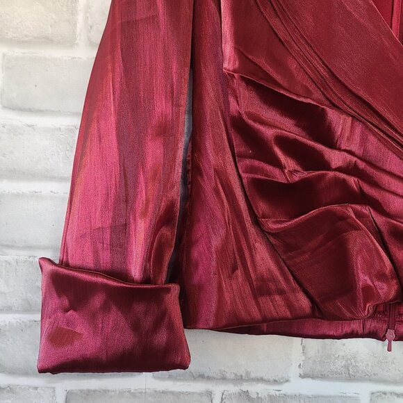 Vintage 90s Cachet Faux Wrap Satin Blouse Burgandy Red Evening Classic Sz 14 - Picture 7 of 9